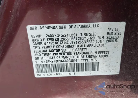 2019 Honda Passport Touring z USA, uszkodzony, nr VIN 5FNYF8H96KB008546